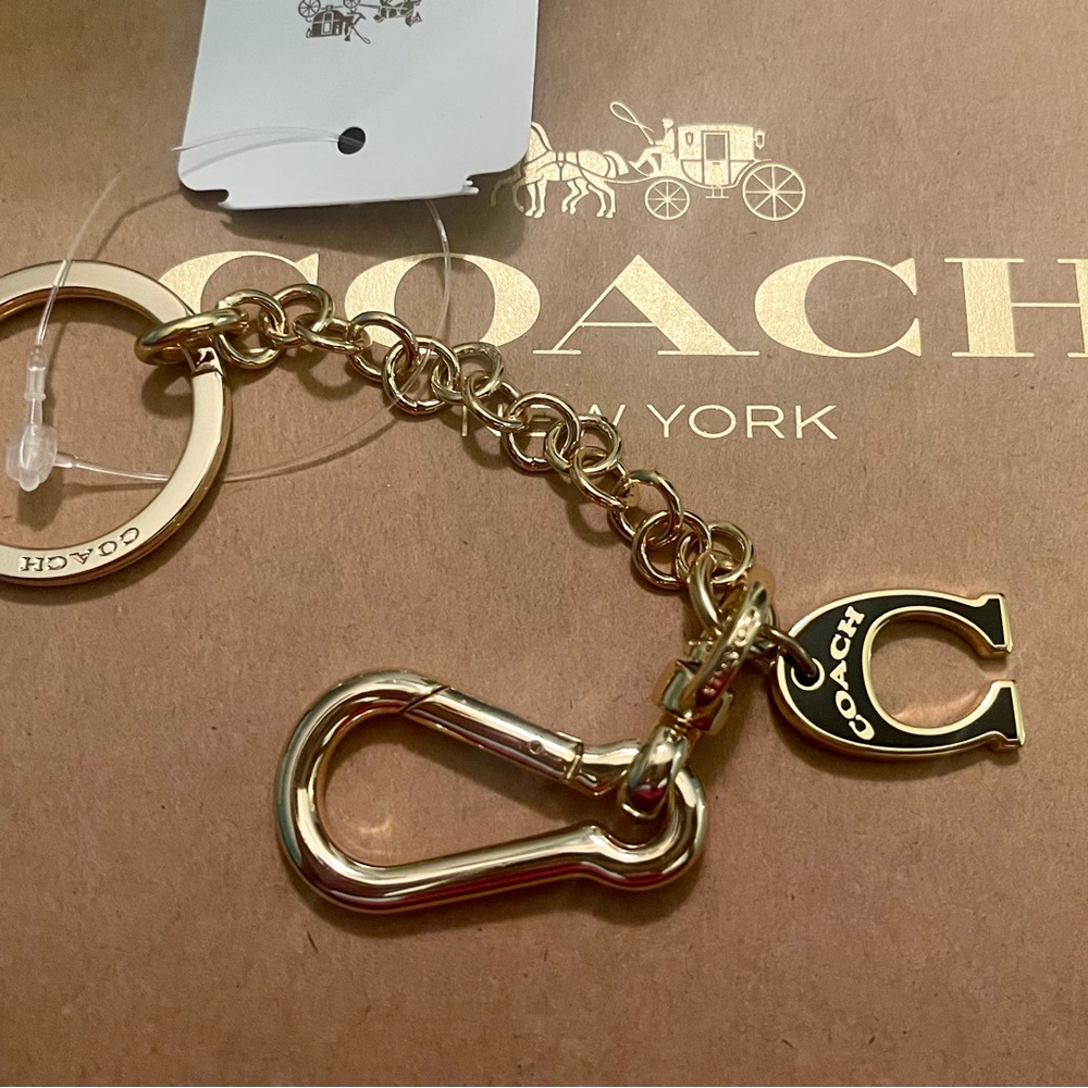 NWT Coach Black & Gold Enamel C Keychain Fob Bag Charm